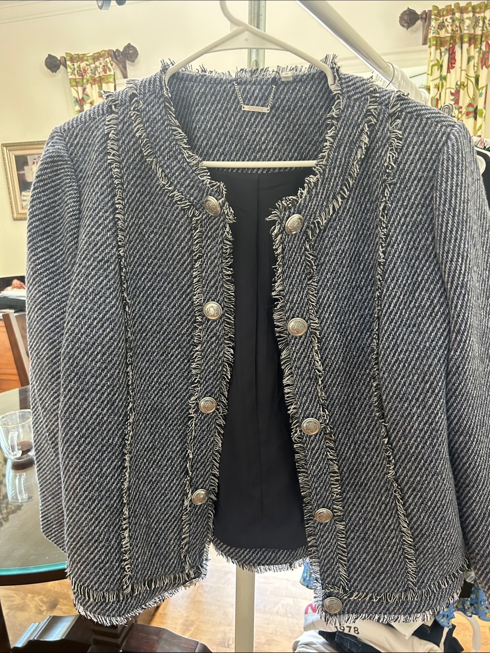 Chico's Navy and White Fringed Tweed Blazer
